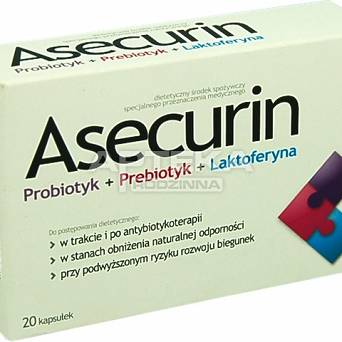 Asecurin 20 kapsułek PROBIOTYK PREBIOTYK LAKTOFERYNA 